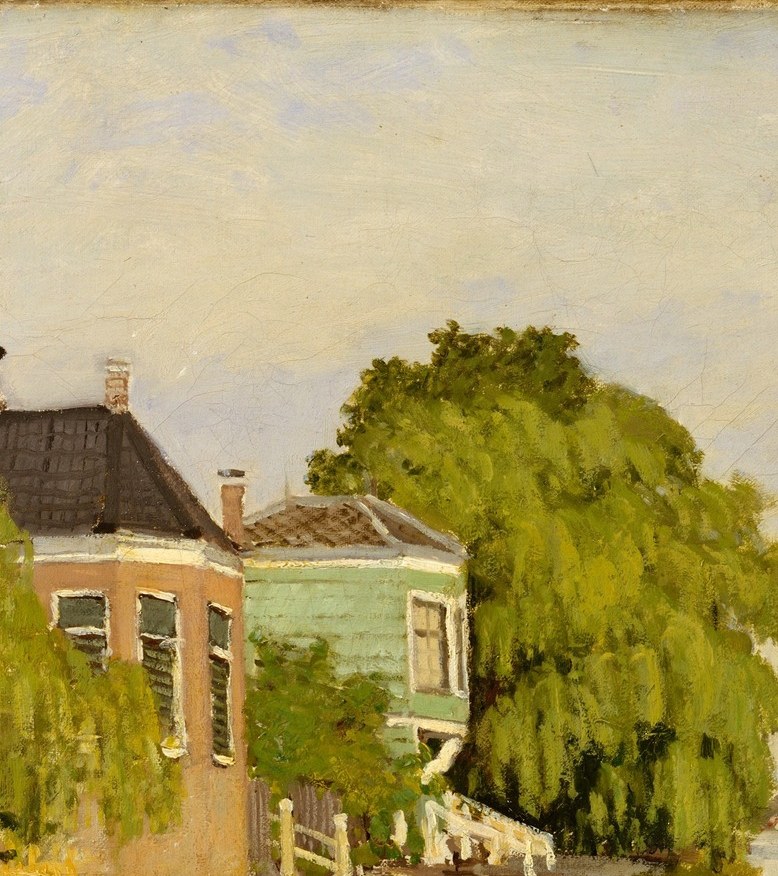 Their cascading curtain of foliage creates a lacy screen through which the far bank is glimpsed , a device Monet will develop into a signature motif.