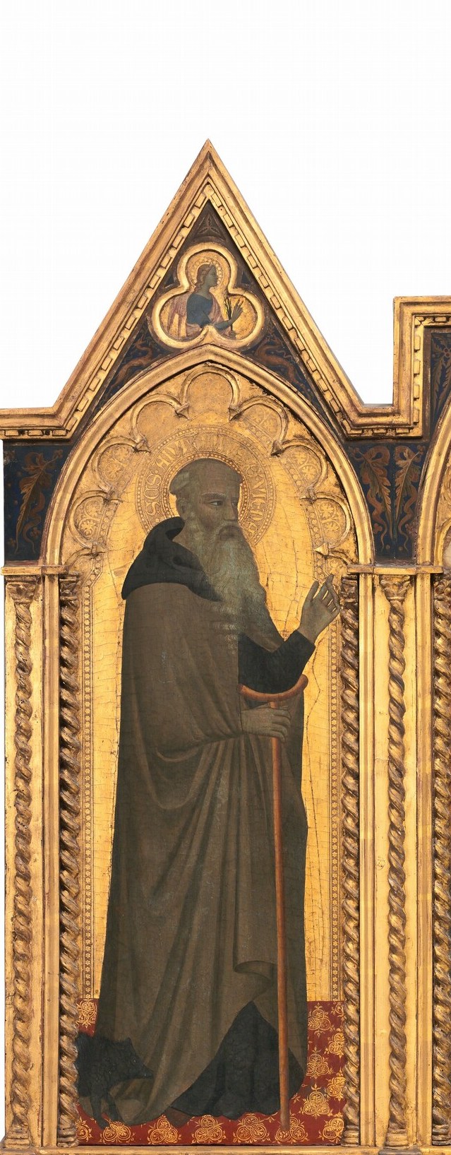 Dark robe and tau-cross staff are the saint's unmistakable attributes; he appears twice in this triptych , a doubling that signals the commissioning Order's intense personal devotion to their patron.