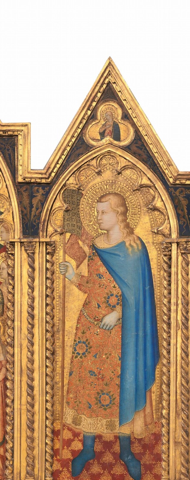 Vivid complementary color pairing and a figure visibly taller than the enthroned Virgin , the deliberate scale inversion the description flags is immediately legible here; it is devotional hierarchy made spatial.