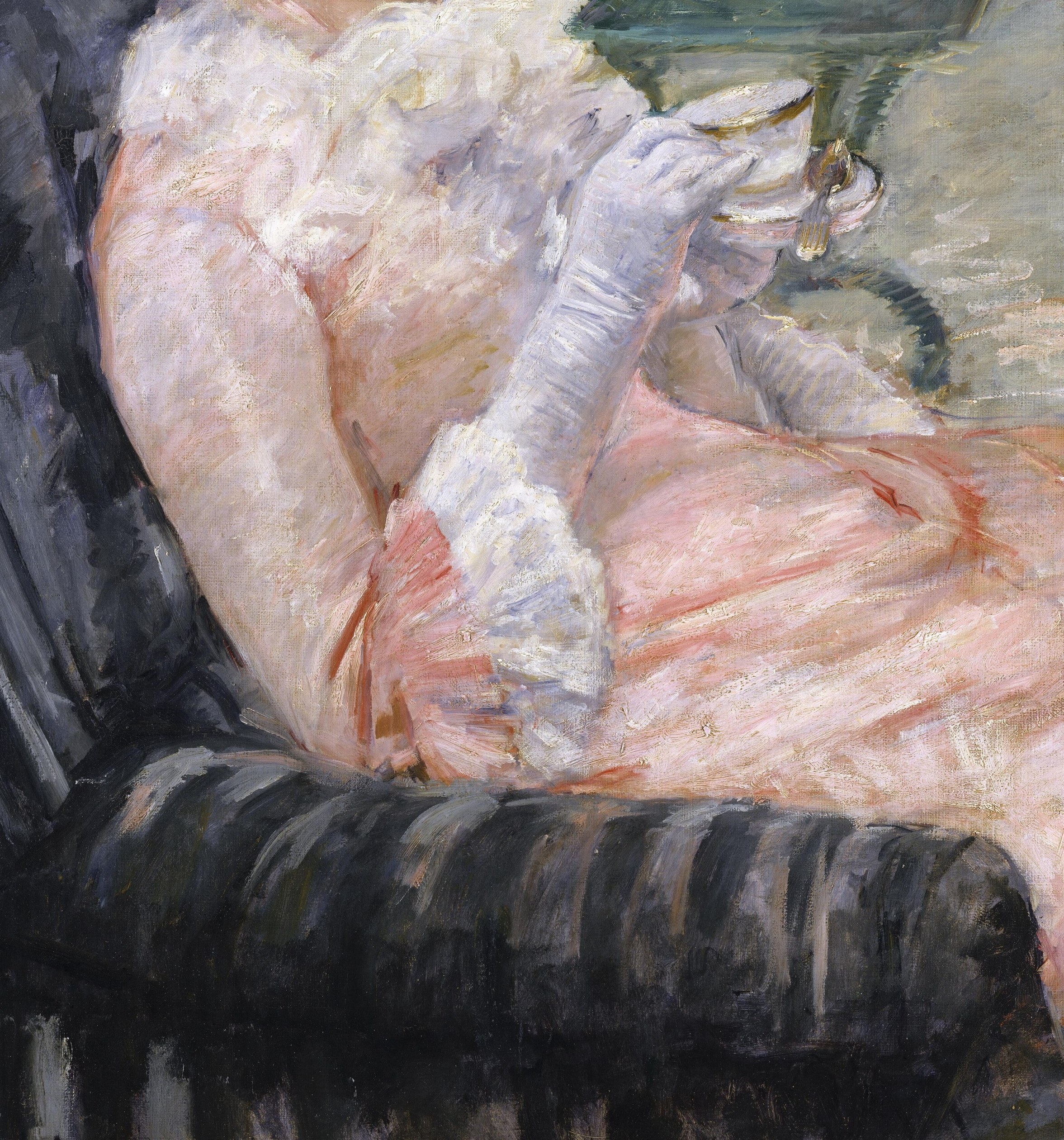 Cassatt's loose brushwork on the pale rose fabric is one of the painting's great technical passages , texture that shimmers without being tight.