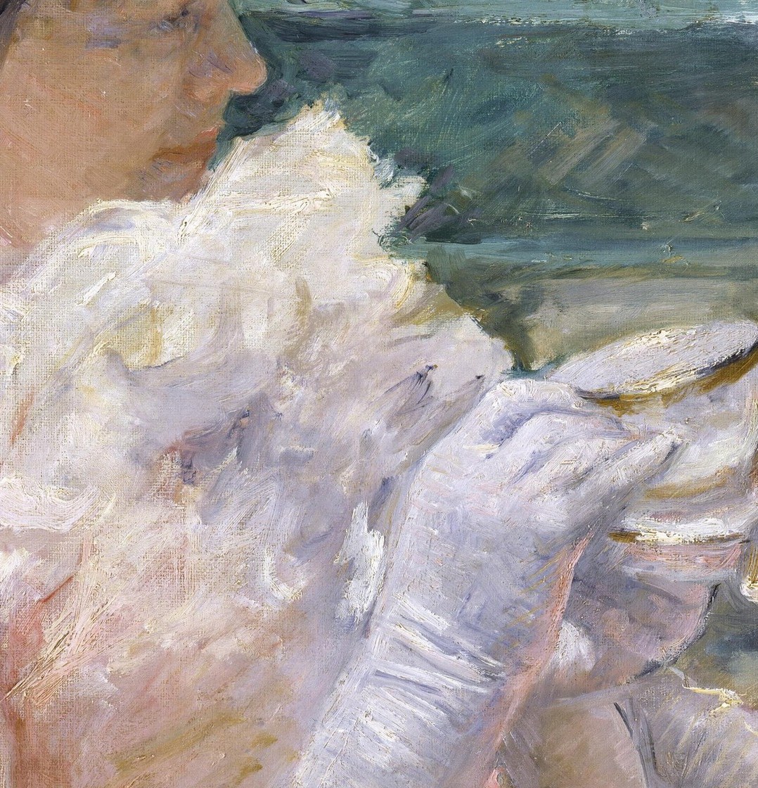 The cup mid-sip is the painting's central gesture; it freezes a fleeting moment of everyday life that Impressionism was built to capture.