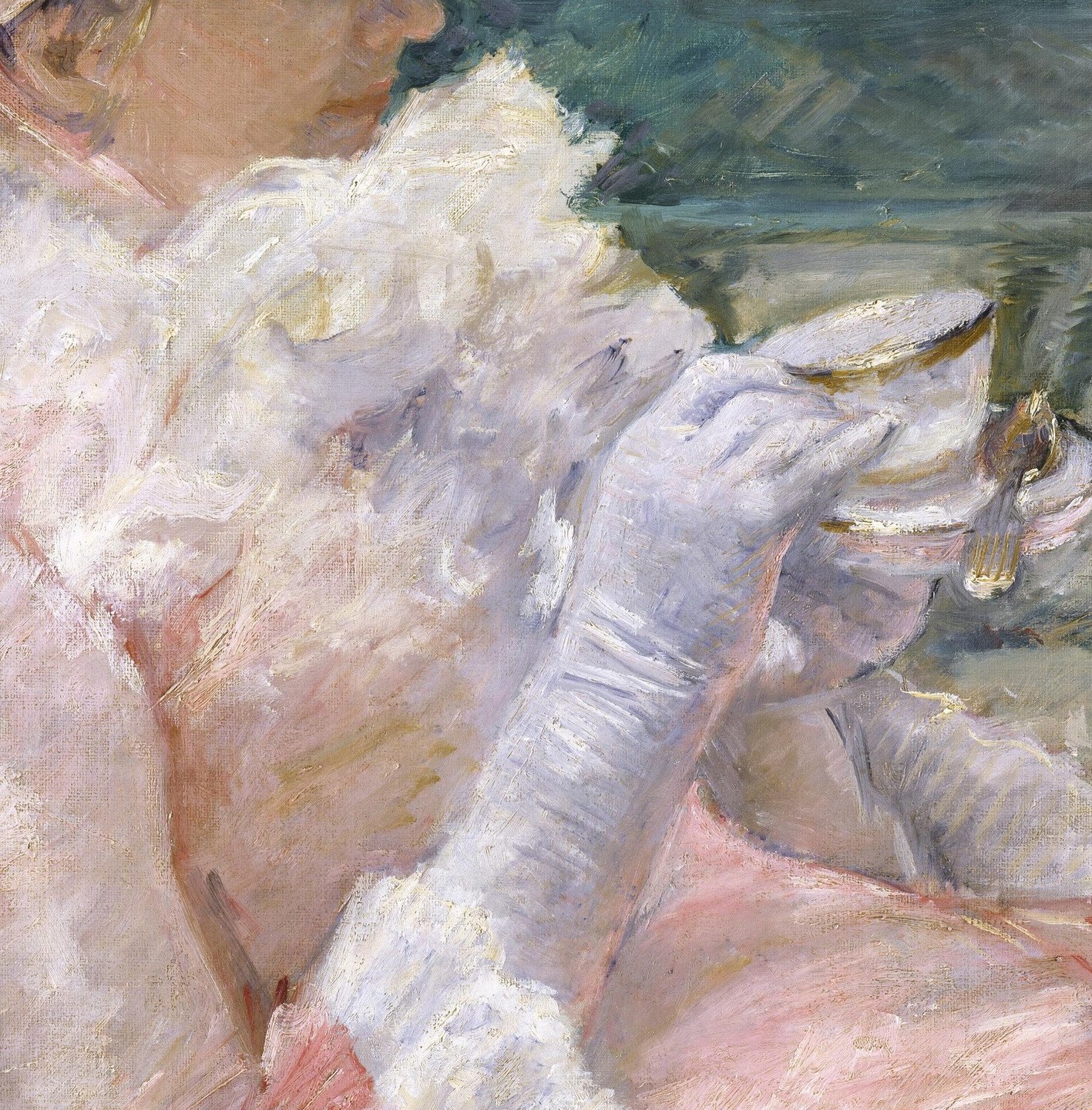 The gloves signal upper-class Parisian propriety , wearing gloves even for private afternoon tea marks the social ritual's formality.