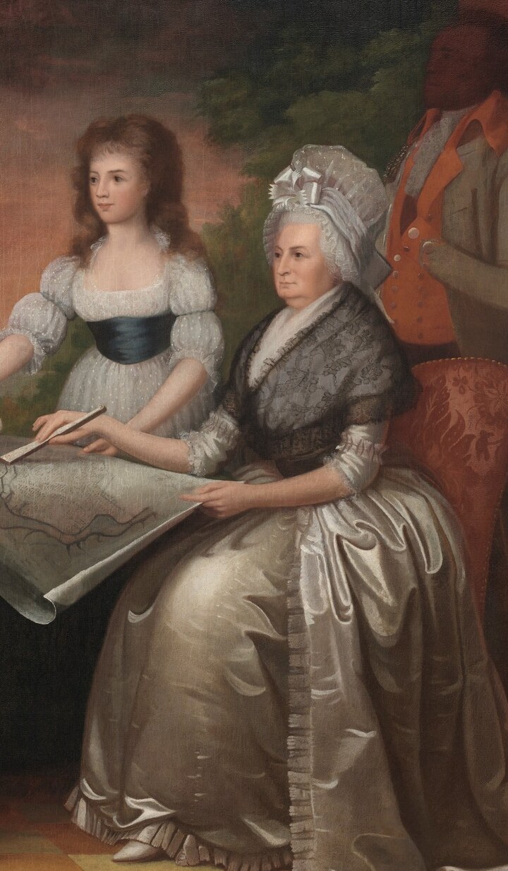 Her relaxed, seated authority contrasts Washington's standing formality , equal in presence, different in register.