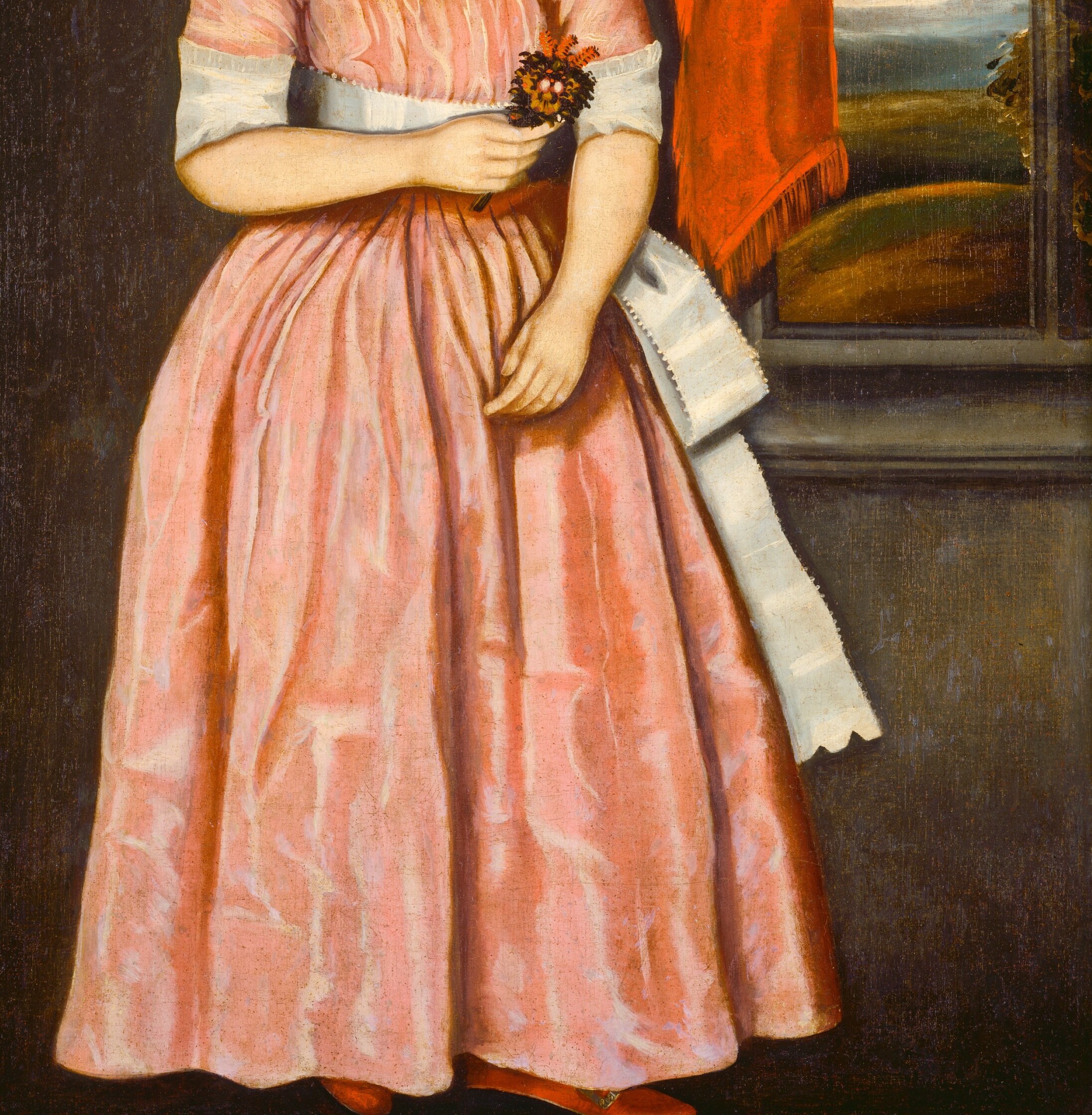 The fabric's sheen and folds suggest wealth and the fashion of the late 18th century.