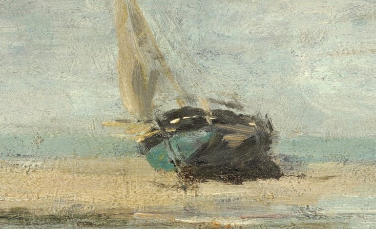 Its prominent position and weathered appearance anchor the scene and speak to the maritime context.