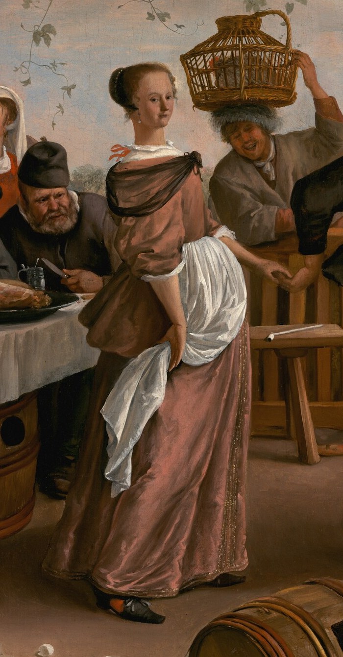 Her elegant posture and flowing dress contrast with the man's boisterousness, hinting at a more restrained but still engaged participant.