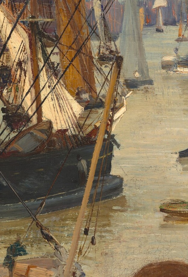 The busy dock scene uses loose, almost sketchy brushstrokes.