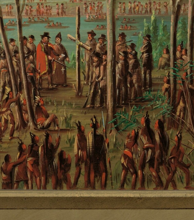 Their presence and attire indicate the colonial aspect of the scene, contrasting with the Indigenous figures.