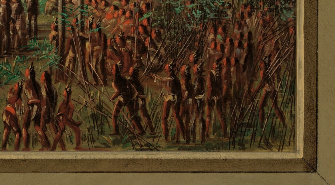 Indigenous figures observe La Salle and his explorers from the shore.
