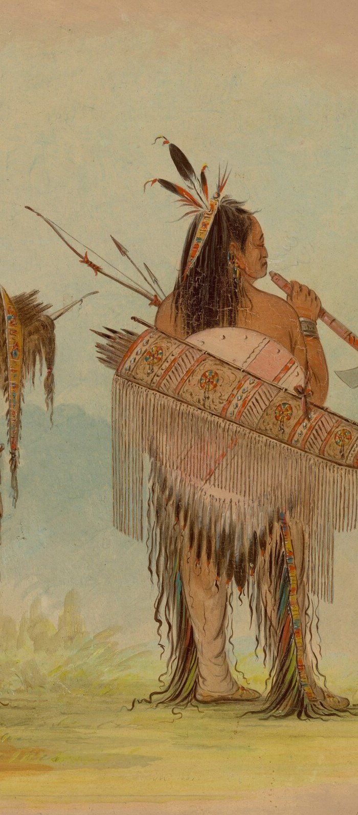 The bow and arrows he holds upright signal active authority.