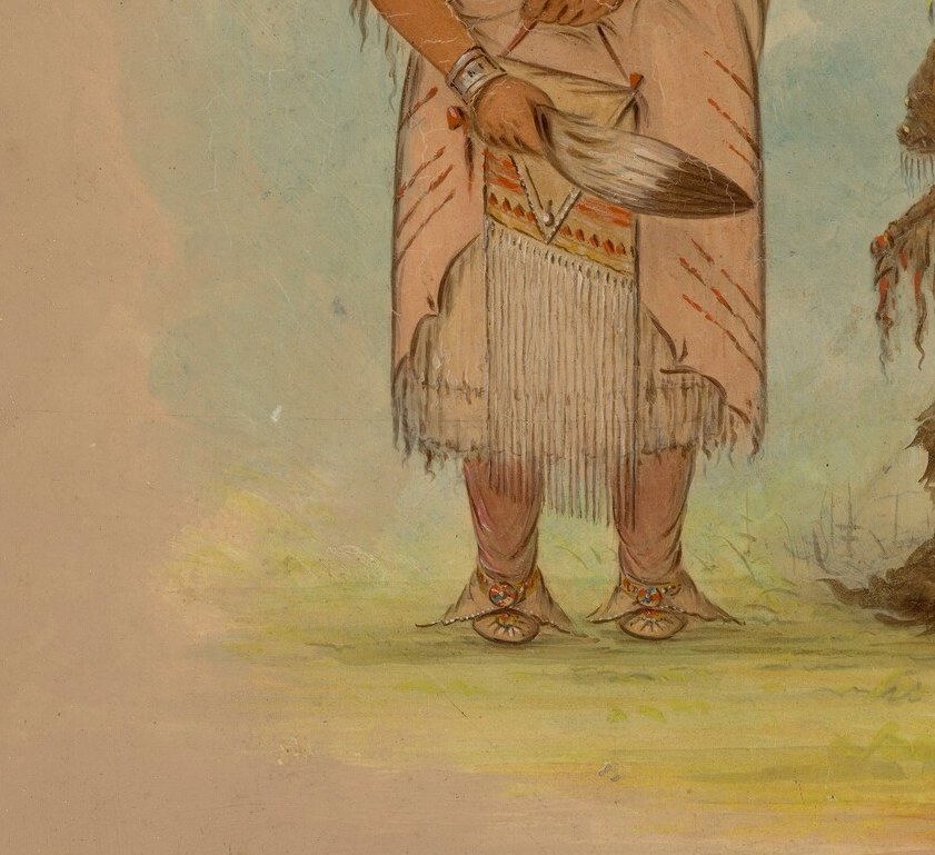 The wife holds a bundle at her side, an object of daily life.