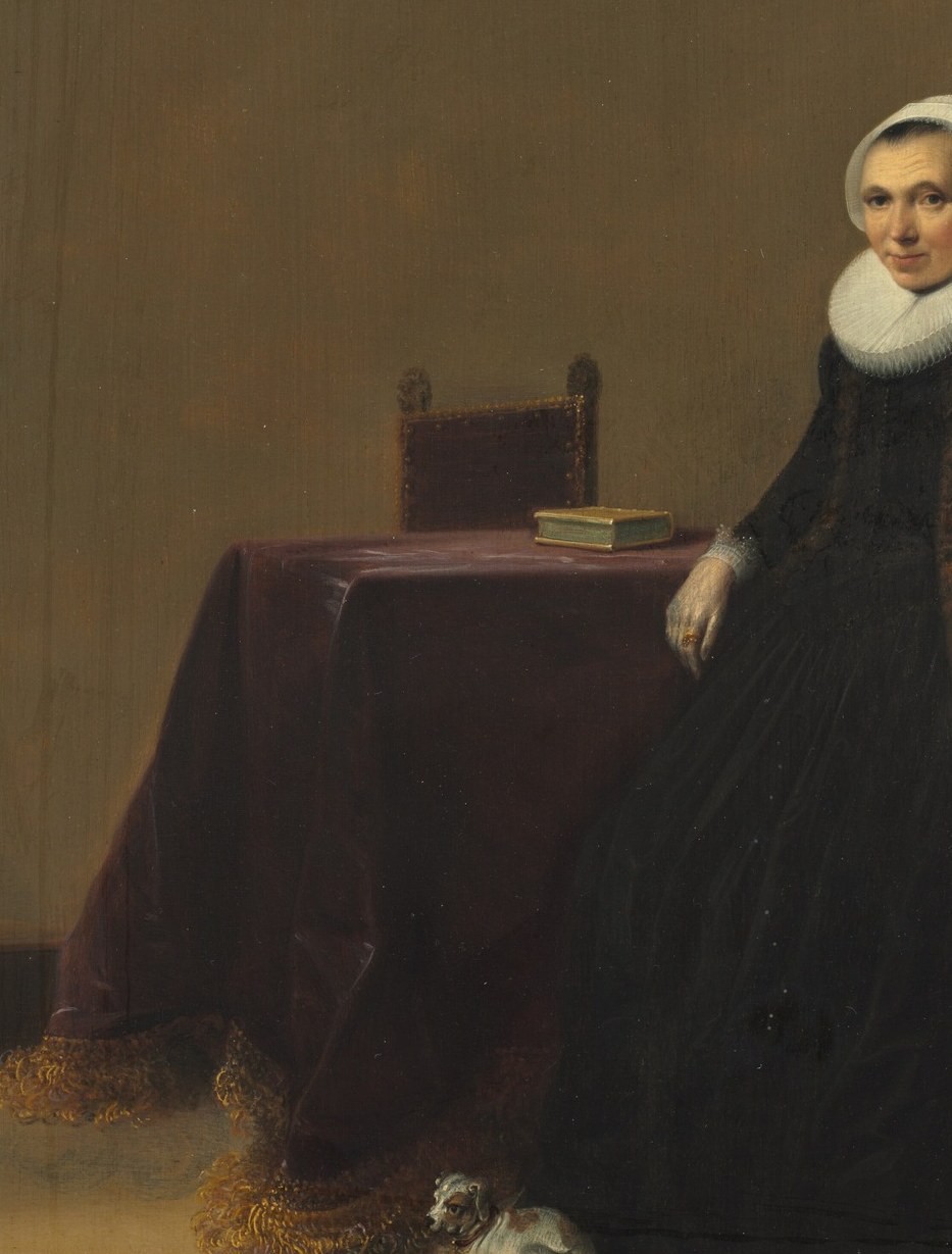 Black dye was among the costliest pigments of the era; the near-total absorption of light in her gown makes the white collar and cap explode in contrast , a deliberate tonal strategy.