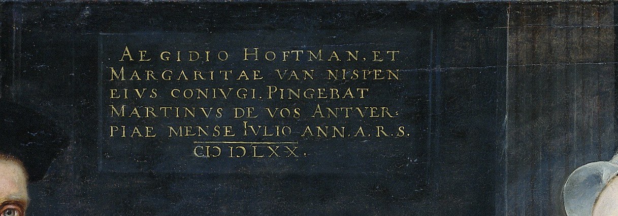 The inscription tablet confirms their names and the artist, Maerten de Vos.