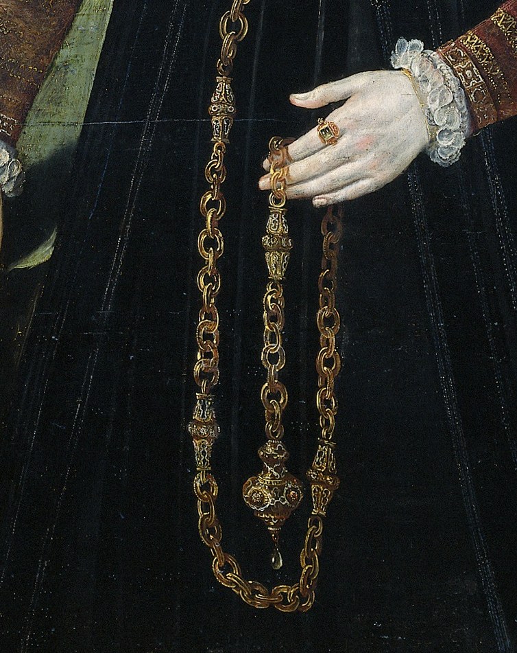 Her hands display a rosary, a sign of her devotion and wealth.