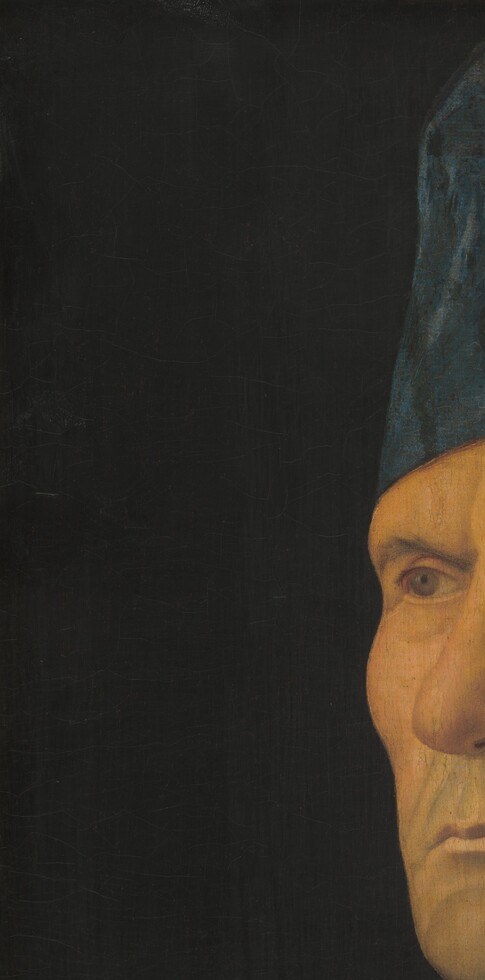 The warm olive-brown background is deliberately empty, pushing all attention to the figure; its subtle tonal variation (slightly lighter above the shoulder) is a quiet compositional decision that lifts the head