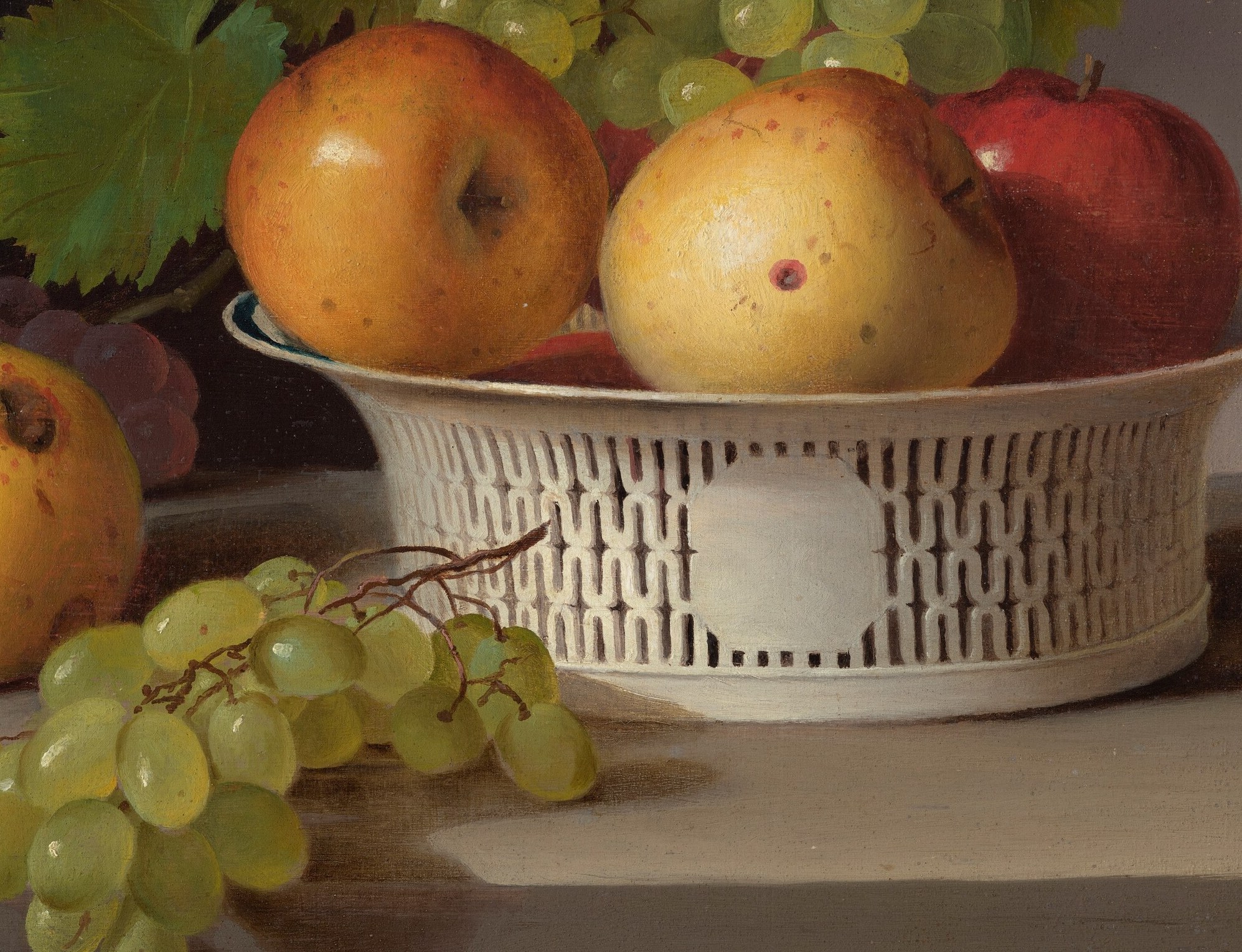 The title's key object: a pierced lattice-work porcelain basket signaling early American trade with China , a luxury import cradling domestic fruit, the tension between foreign and local made visible.
