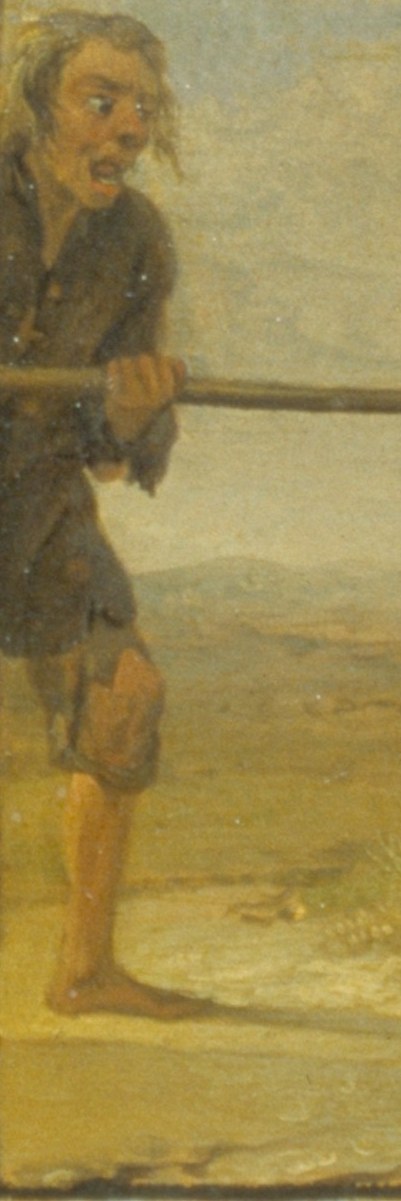 The men, with swords and poles, are desperate to subdue it.