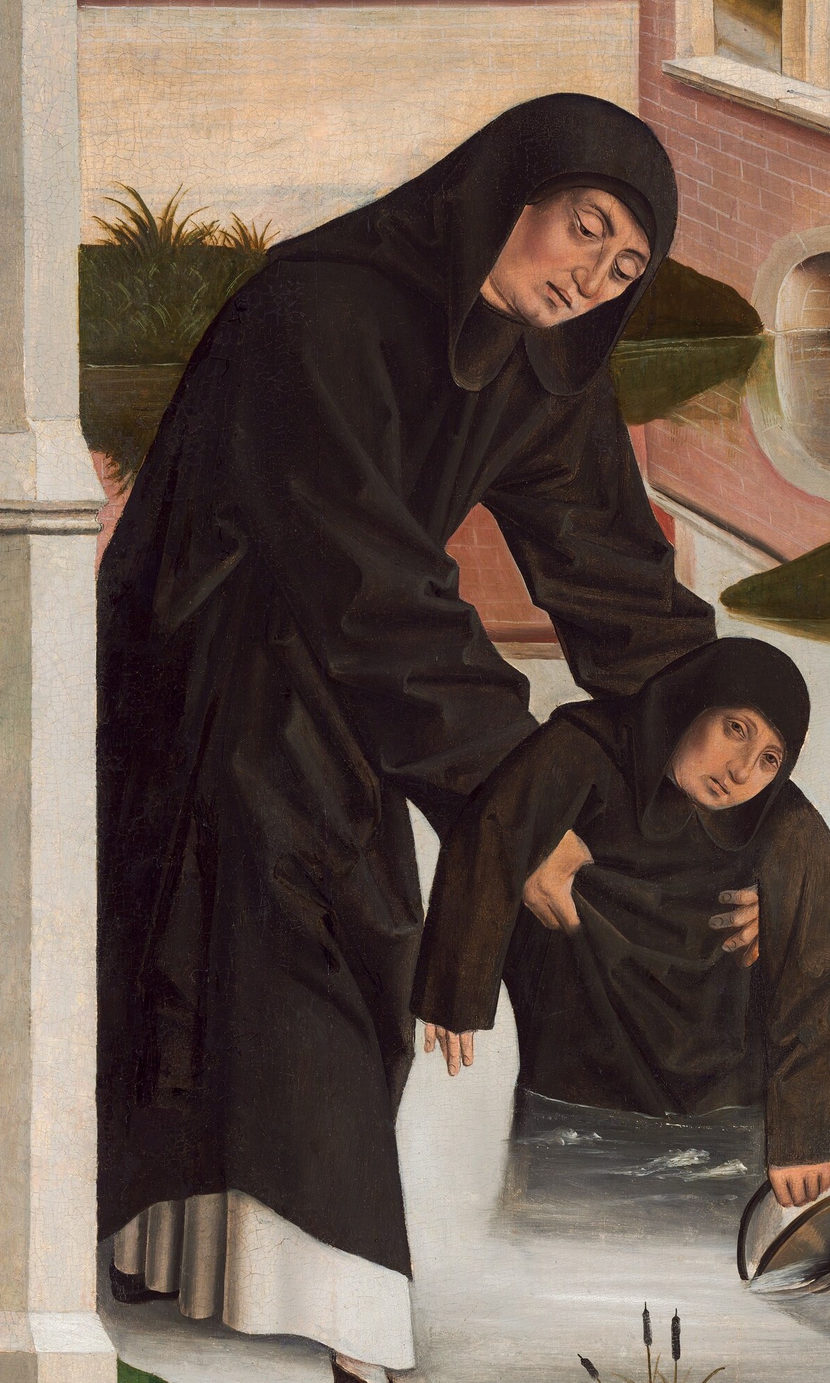 On the right, a woman rescues another from the water.