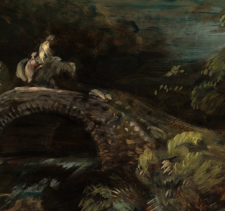 Two small figures cross into the valley.