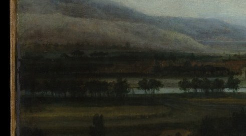 These blue hills are the painting's deepest claim, solid land dissolved to a whisper.