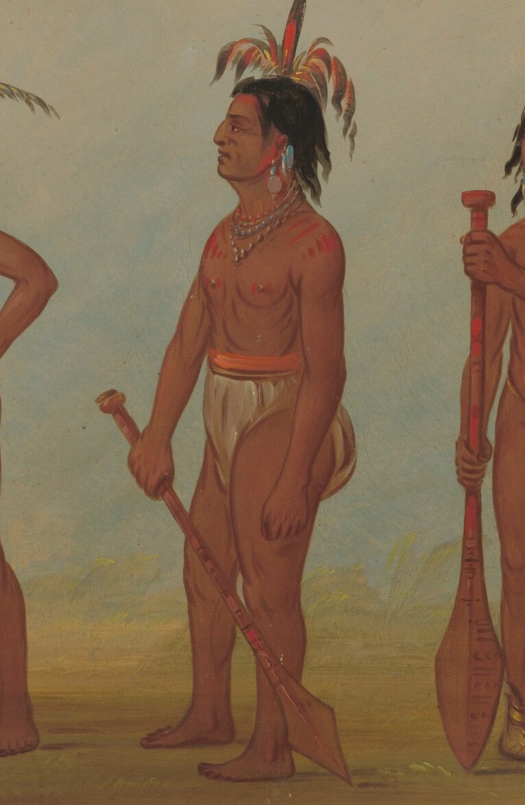 The club and headdress are prominent cultural markers, hinting at status or warrior traditions.
