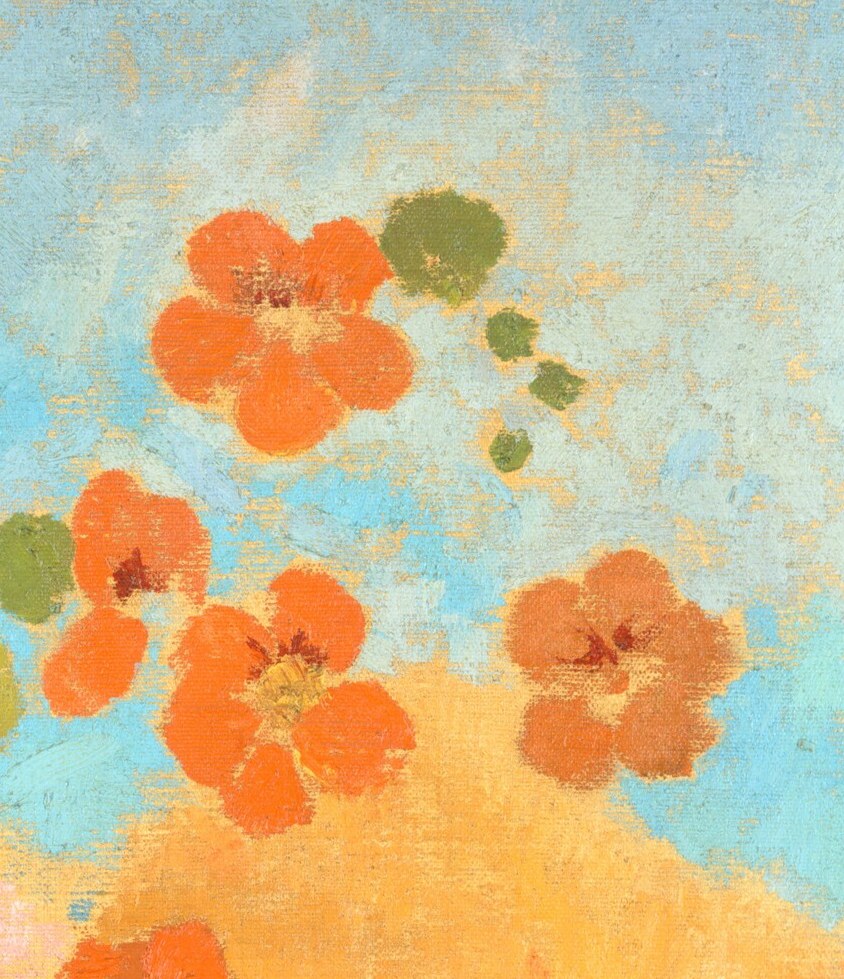 Golden blossoms drift across the canvas, weightless.
