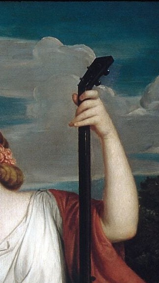 The lyre is the central symbol , Apollo, Orpheus, love poetry , the instrument that translates feeling into sound; its dark silhouette against the bright sky gives it icon-like weight