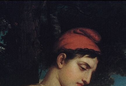 His eyes fall inward. He cannot meet her look.