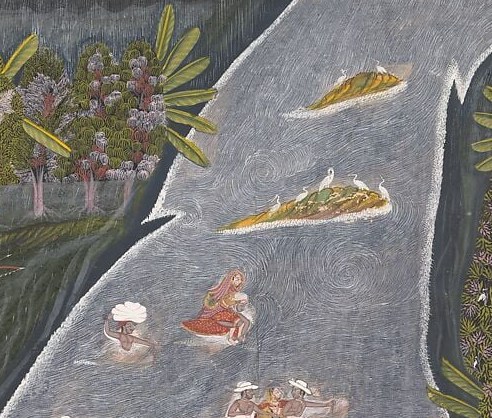 The central narrative action , Radha and companions assisted across the current , compresses romantic longing and physical danger into a single vignette.