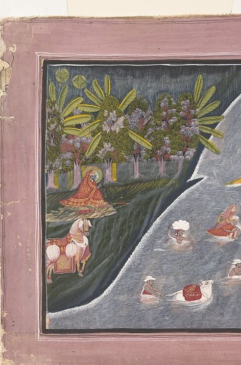 The near-black foliage signals rain-soaked monsoon atmosphere and creates a visual weight that anchors the romantic side of the composition.