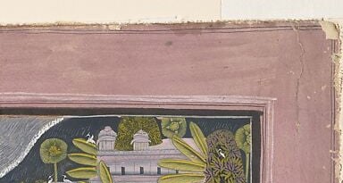 The palace signals courtly context and grounds an otherwise timeless devotional episode in the material world of early 19th-century Mewar.