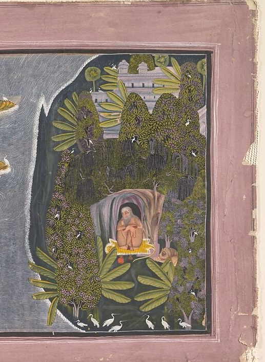 The cooler, brighter green contrasts the left bank's darkness, visually separating the devotional (right) from the romantic (left) registers of the painting.