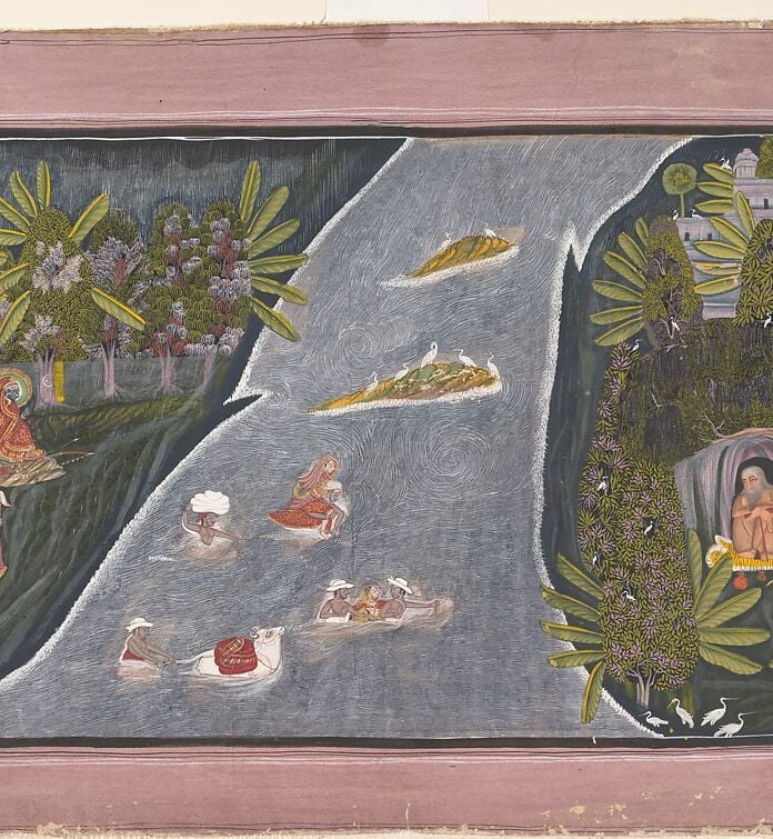 The metallic silver pigment animates the flood-swollen current; the medium itself enacts the monsoon , a rare instance where material and meaning fuse.