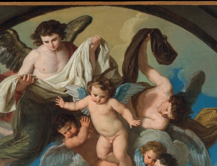 The heavenly host bearing cloth and witnessing the departure; their downward motion visually stitches divine approval onto the earthly scene below.