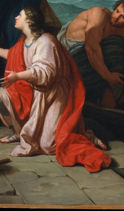 The saturated vermilion pulls the eye to the corner; the figure's prostration signals intense grief or veneration, providing the scene's sharpest emotional counterpoint.