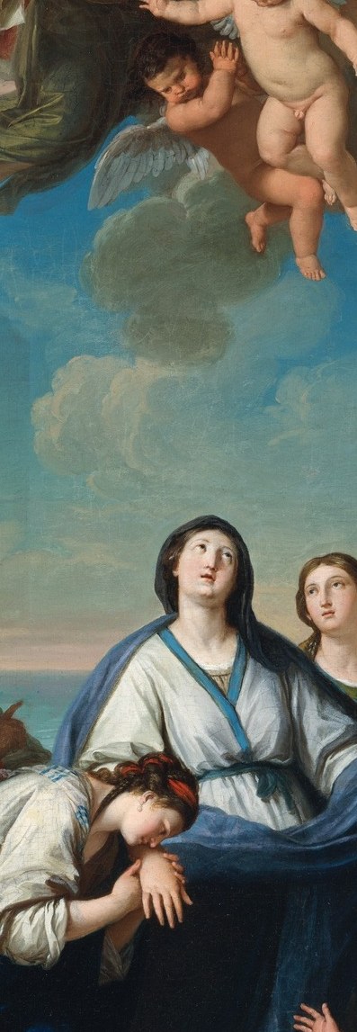 The primary saint; her calm upward gaze and blue robe signal divine trust and anchor the emotional register of the entire scene.