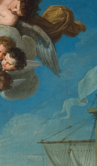 The actual vessel of the pilgrimage, tucked into the margin , the journey's physical reality quietly coexisting with the spiritual drama of farewell in the foreground.