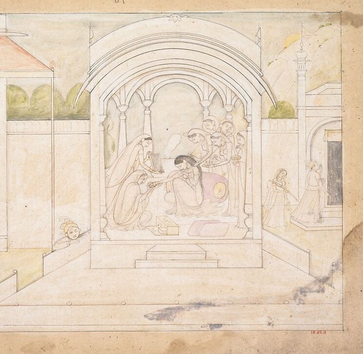 Repeated cusped arches create the rare illusion of depth in an otherwise flat Kangra composition , pure outline generating three-dimensional space without tonal modelling.