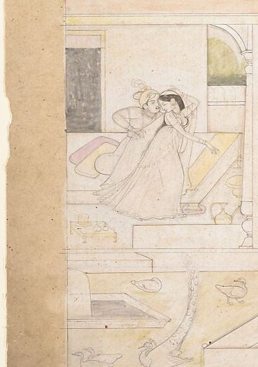 Placed apart from the whispering pair, this figure's spatial exclusion may signal a social role as attendant or sentinel , outside the secret but present for it.