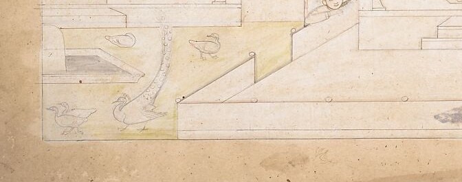 The ascending steps frame the pavilion scene as elevated and privileged , approaching the exchange requires a literal rise in social space.