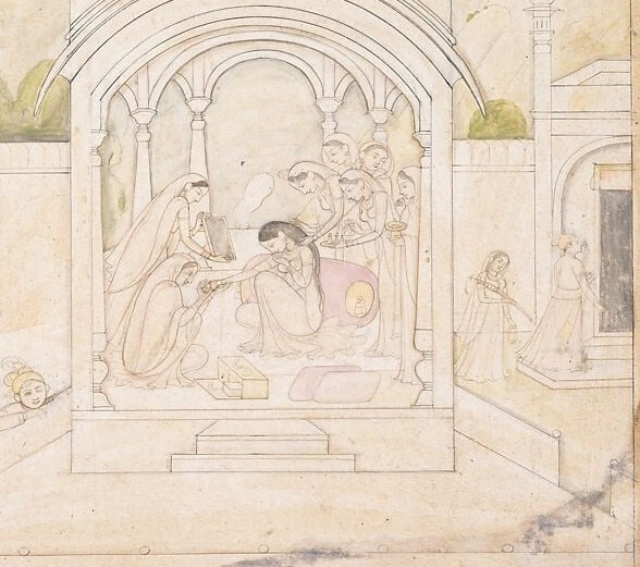 The compositional core , one figure inclines toward the other in an unmistakably intimate gesture, capturing a private exchange the viewer feels they are intruding upon.