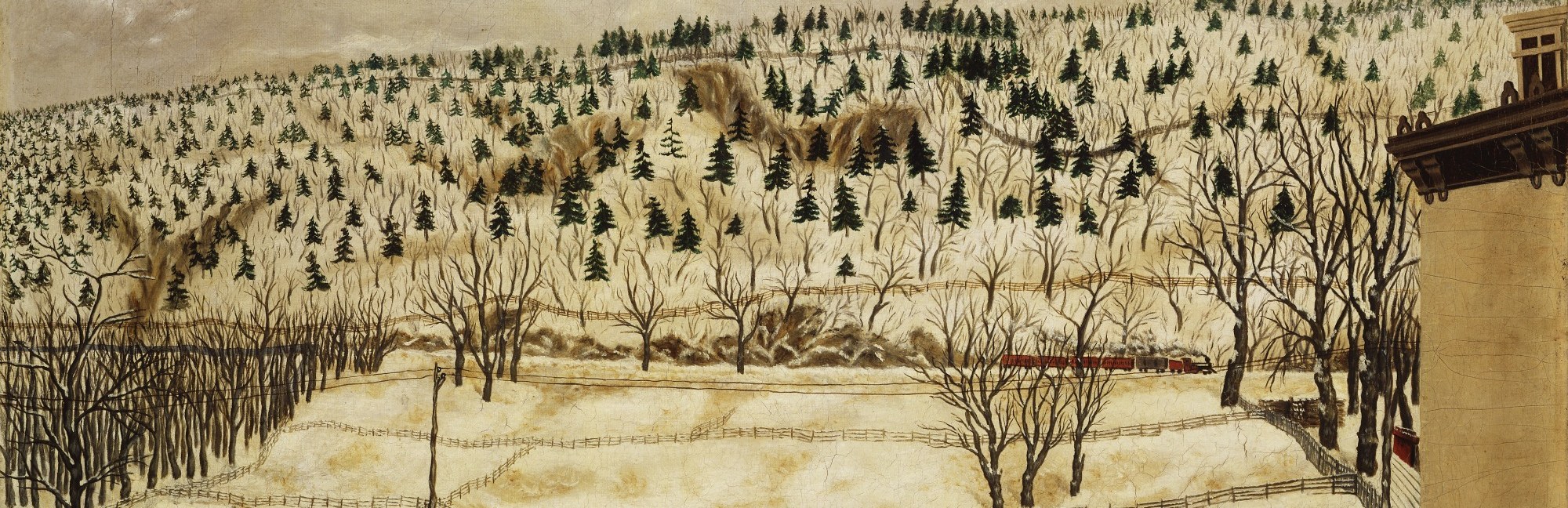 The bare trees emphasize the cold, while distant smoke implies warmth.