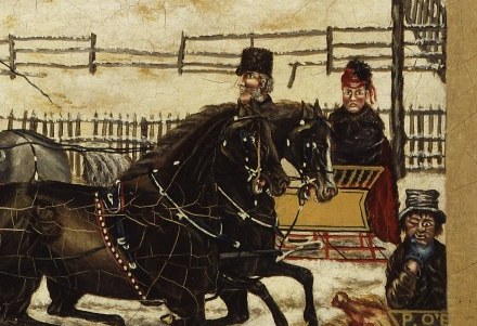 The painter used oil to give the sleighs rich, contrasting colors.