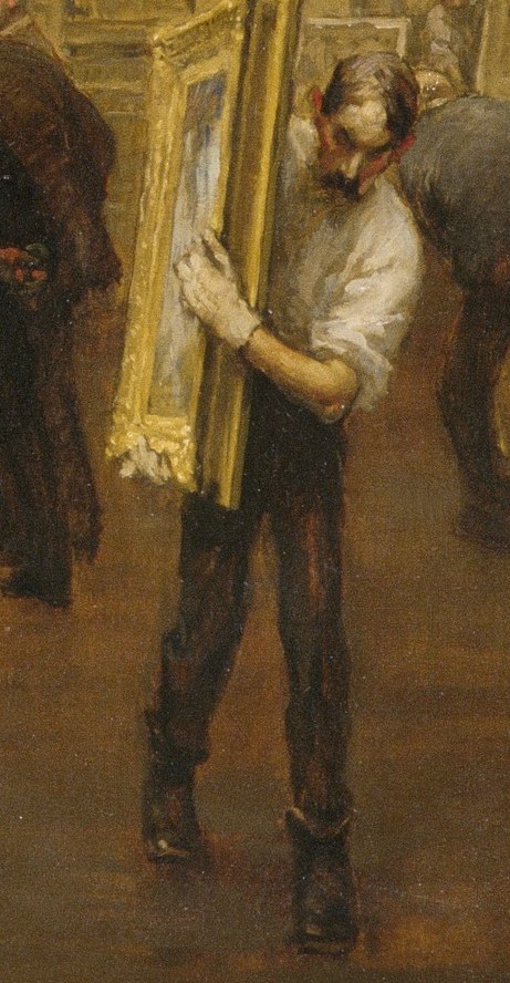 His determined posture and the weight of the artwork suggest the labor and effort involved in the art world.