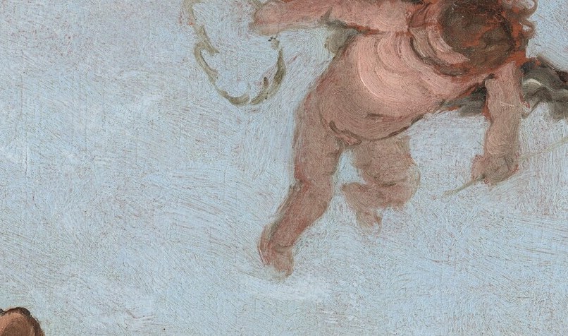This putto, likely an allegory for a virtue or concept, adds a dynamic, celestial element to the composition.