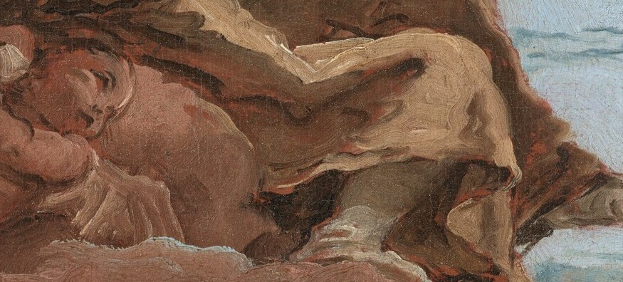 This smaller, sleeping figure adds a sense of innocence and vulnerability amidst the grander allegorical scene.