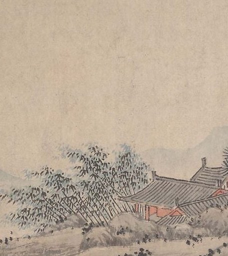 The artist used ink washes to create the misty peaks.