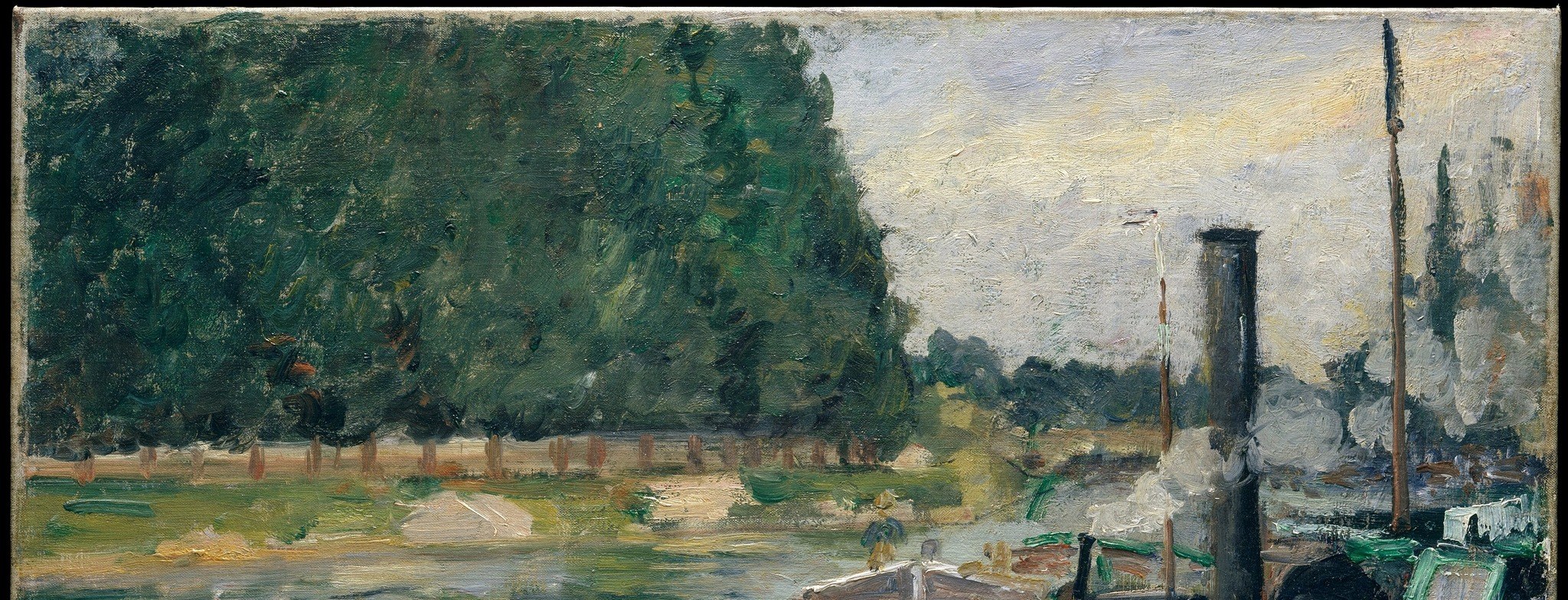 The pastoral counterweight to industrial iron; Pissarro saturates these trees with viridian and emerald so the natural world seems to push back against the machinery moored below it.