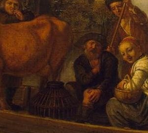 The ferryman poles his boat, loaded with people and animals.