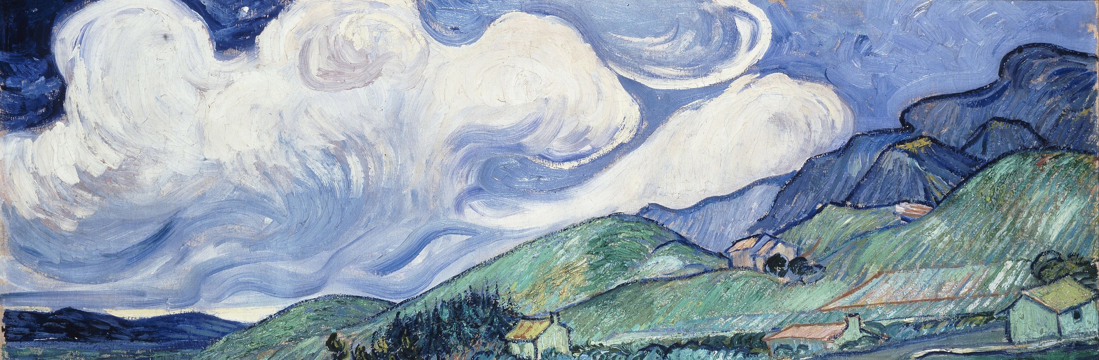 The dynamic, almost turbulent brushstrokes in the clouds convey a sense of immense energy and movement in the sky.